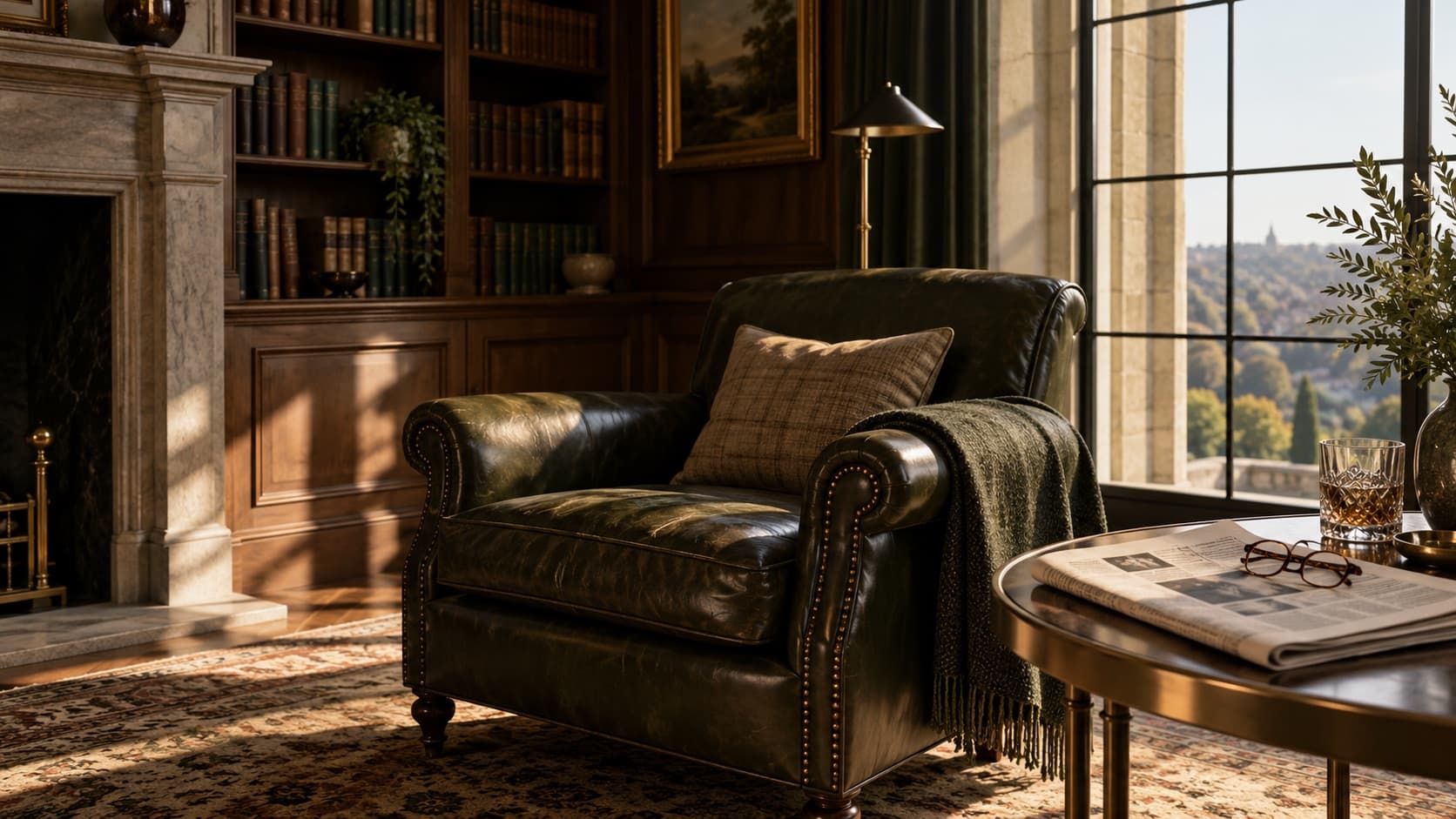 A reading chair by a library window