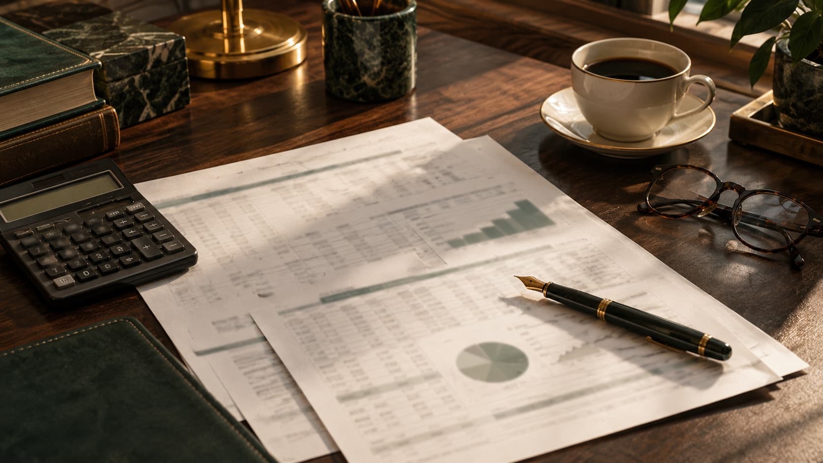 Financial reports and a calculator on a desk